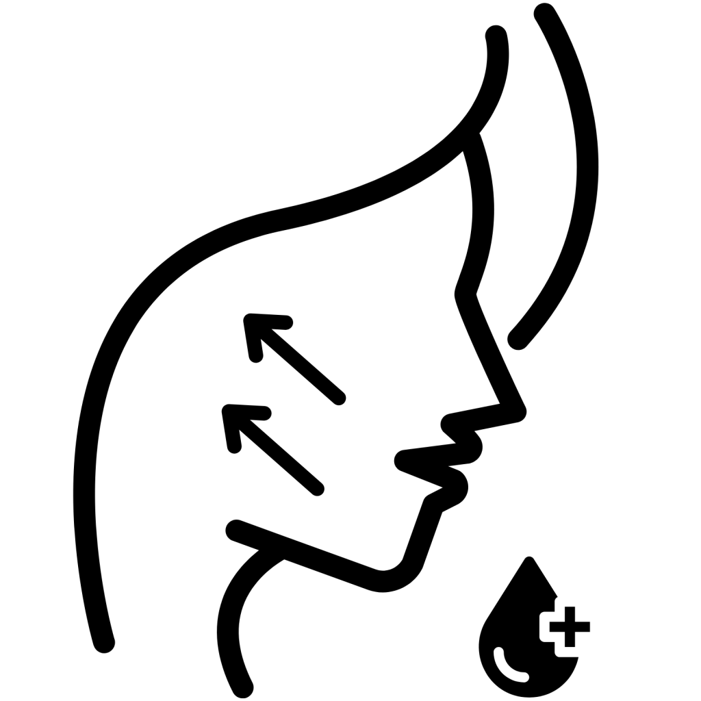 Side profile of a face with two upward arrows and a drop icon with a plus symbol