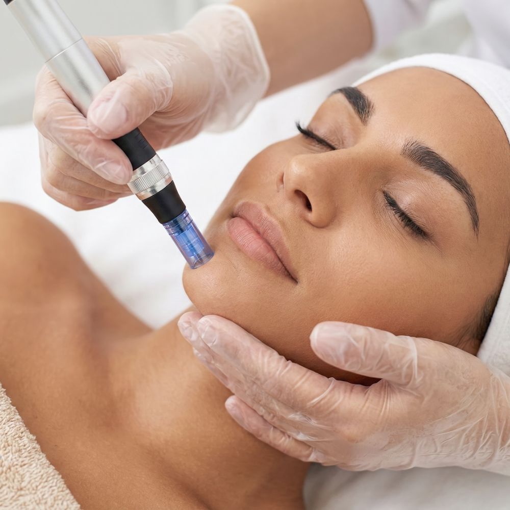 Gloved hands applying a microneedling pen to a female patient's cheek during a facial treatment