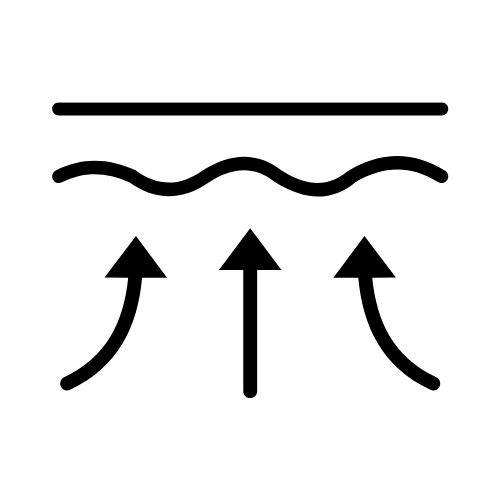 Three upward arrows beneath a wavy line and horizontal bar representing skin layers