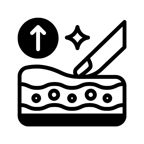 Scalpel and sparkle icon above a skin cross-section with circles and wavy layers, with an upward arrow in a circle