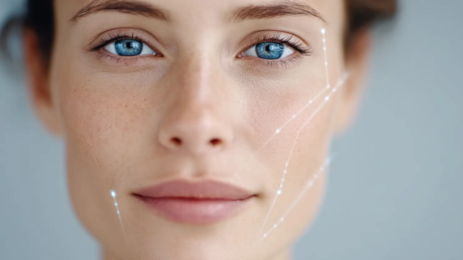 close-up of face with digital mapping overlay highlighting skin concerns