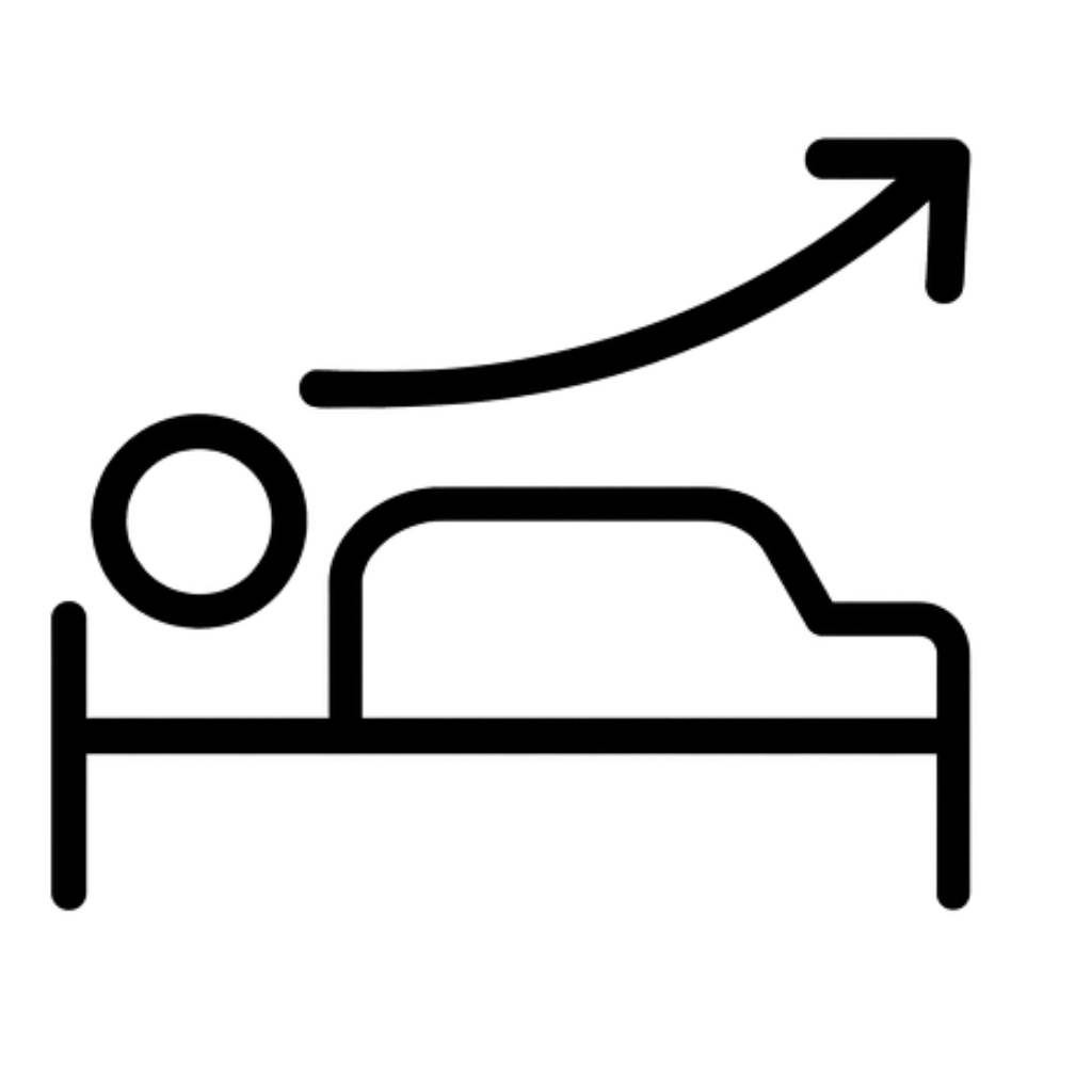 Stick figure lying in a bed with an upward trending arrow above