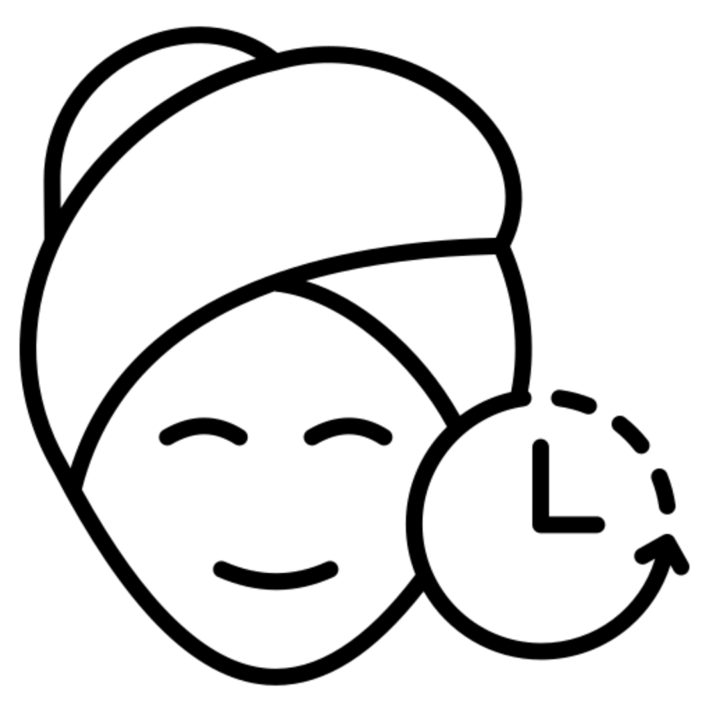 Icon of a relaxed face with a towel wrap and a circular clock symbol, representing minimal downtime and quick recovery after a treatment.