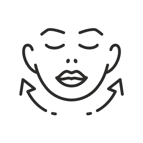 Front-facing face icon with two outward-pointing arrows along the jawline