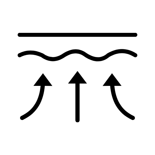 Three upward arrows beneath a wavy line and horizontal bar representing skin layers
