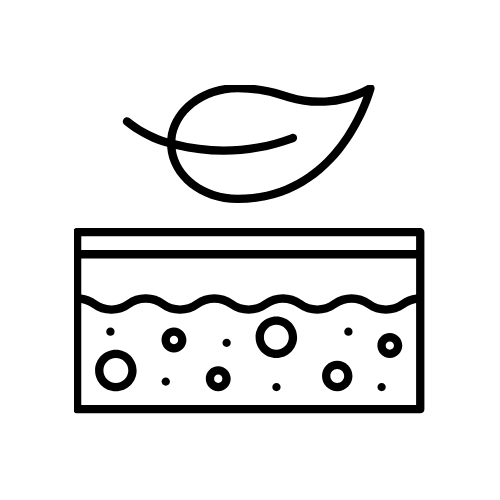 Leaf icon above a skin cross-section showing a wavy layer and circles of varying sizes representing tissue