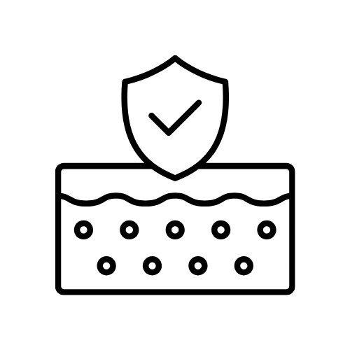 Shield with checkmark above a skin cross-section showing wavy layer and circles representing tissue