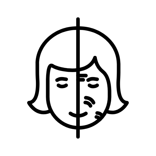 Split face icon with a clear side and a blemished side divided by a vertical line