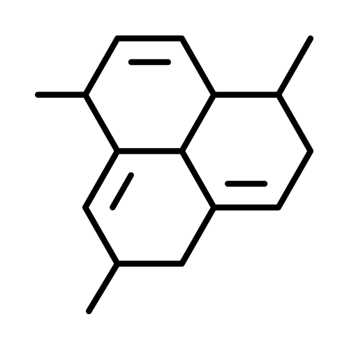Molecular structure icon showing interconnected hexagonal rings with extending bonds