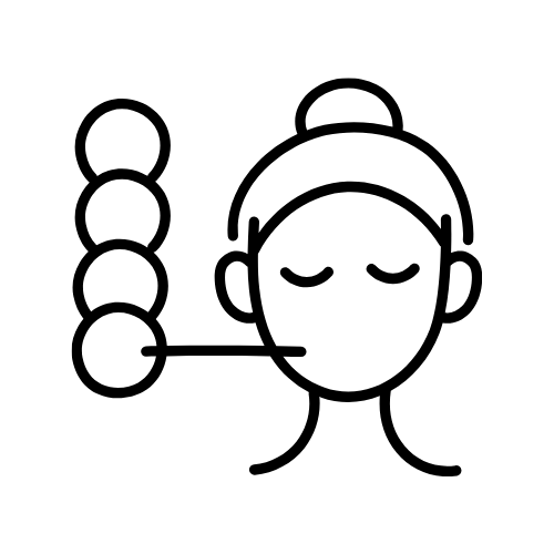 Face icon with hair bun and a vertical stack of four circles connected by a horizontal line