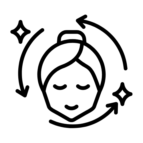 Face with hair bun surrounded by circular arrows and two sparkle icons