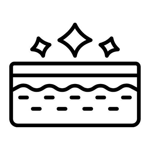 Three sparkle icons above a rectangular cross-section showing wavy line and dashed layers representing skin
